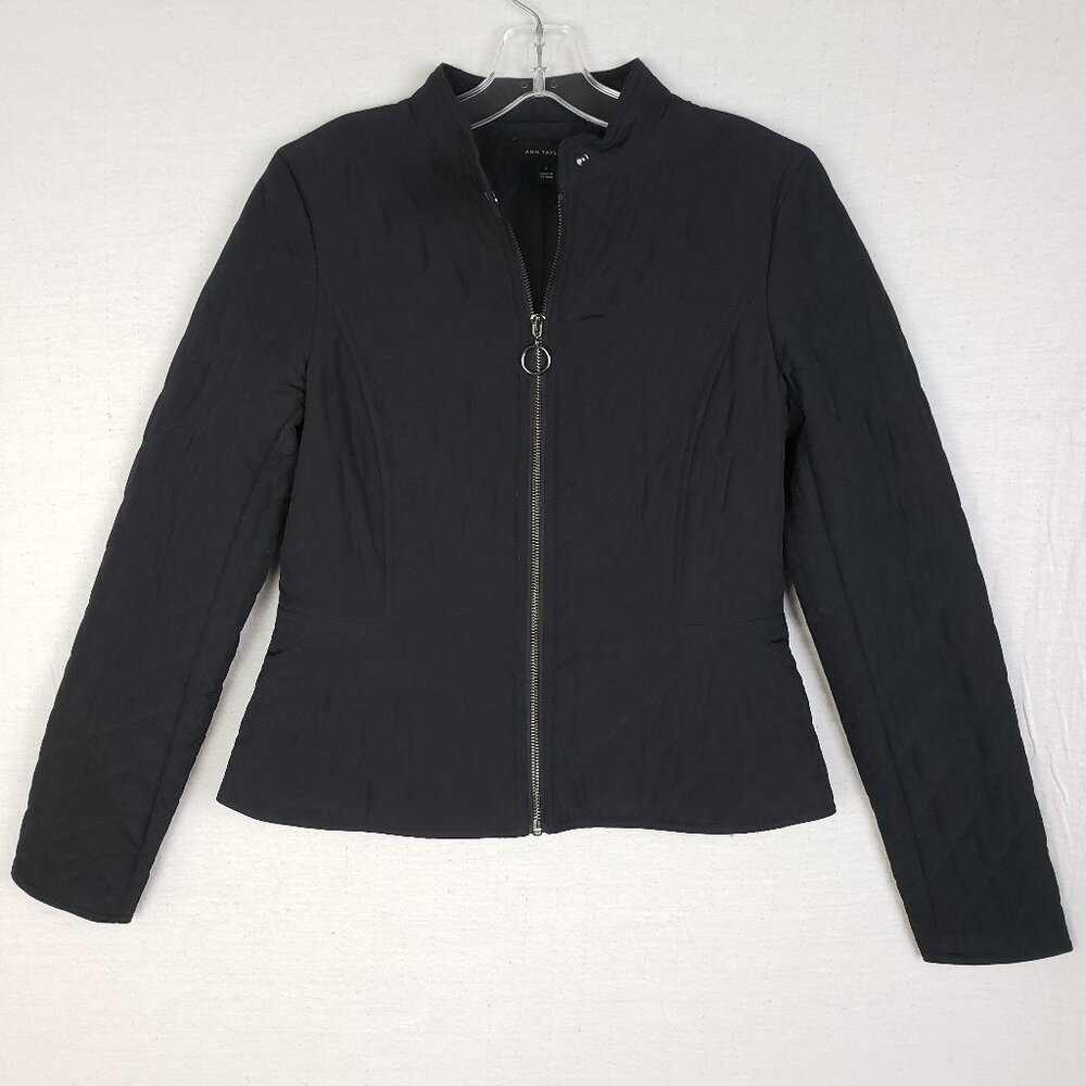 Ann Taylor Quilted Moto Jacket Short Coat Zip Peplum Black Lightweight size 2